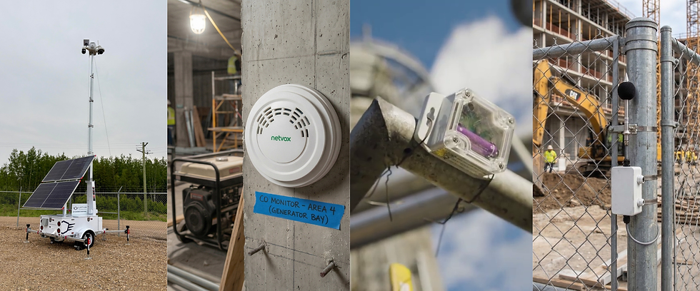 Solar-powered security camera, Netvox monitor on concrete with CO warning, sensor on pole, construction site with machinery and workers.