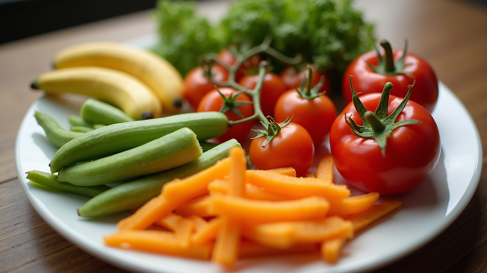 Close-up view of a colorful plate filled with fresh fruits and vegetables