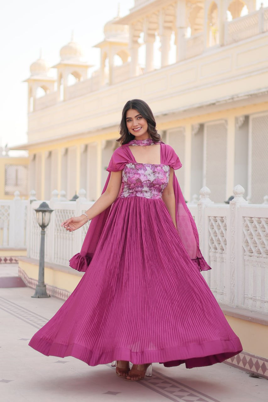 Beautiful Pink Colour Chinnon Printed Work Gown Dupatta
