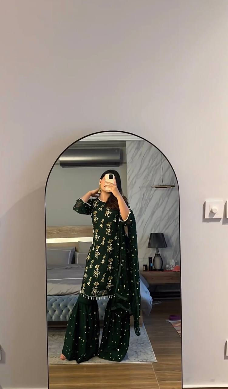 Thumbnail: Eid Spacial Green Colour Sharara Suit in Embroidery Sequince Work