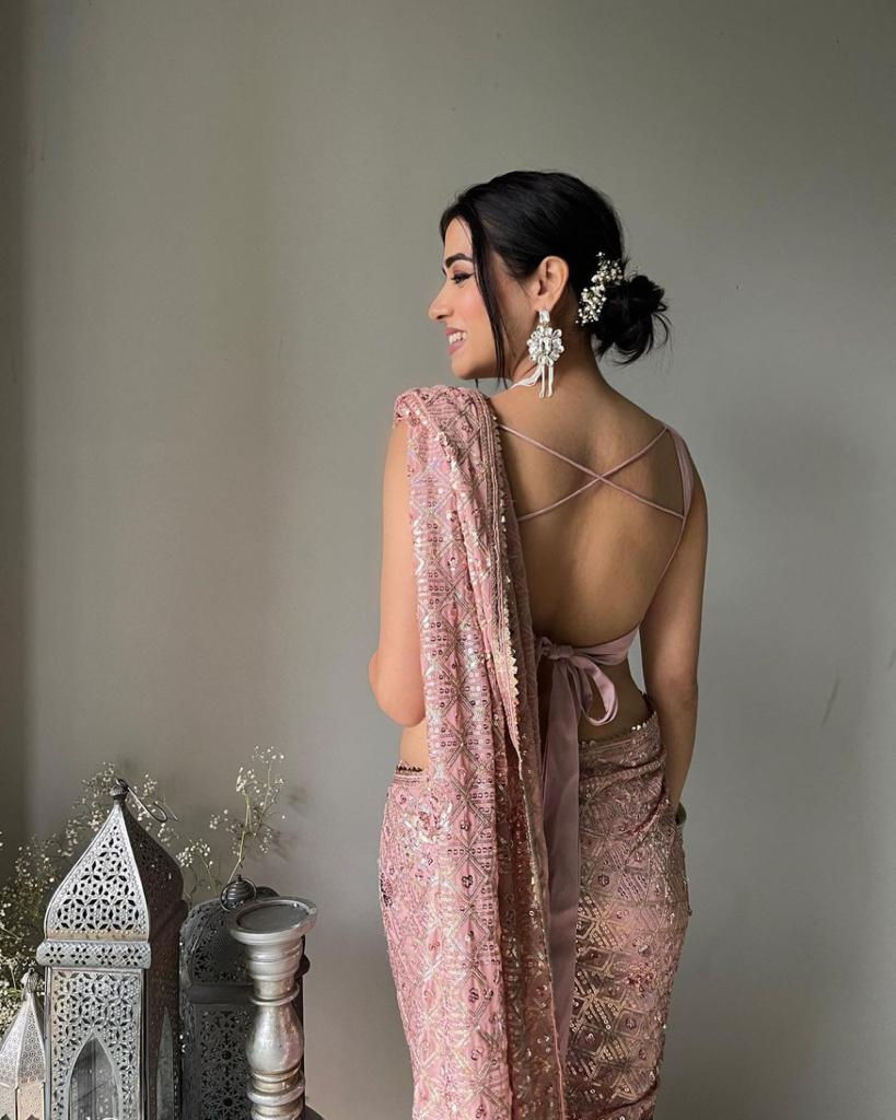 Thumbnail: Classy Bollywood Style Sequins Saree With Blouse For Women