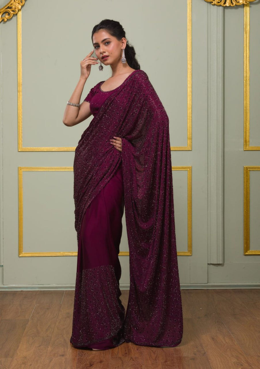 Thumbnail: Wine Colour Rangoli Silk Mukaish Work Party Wear Saree
