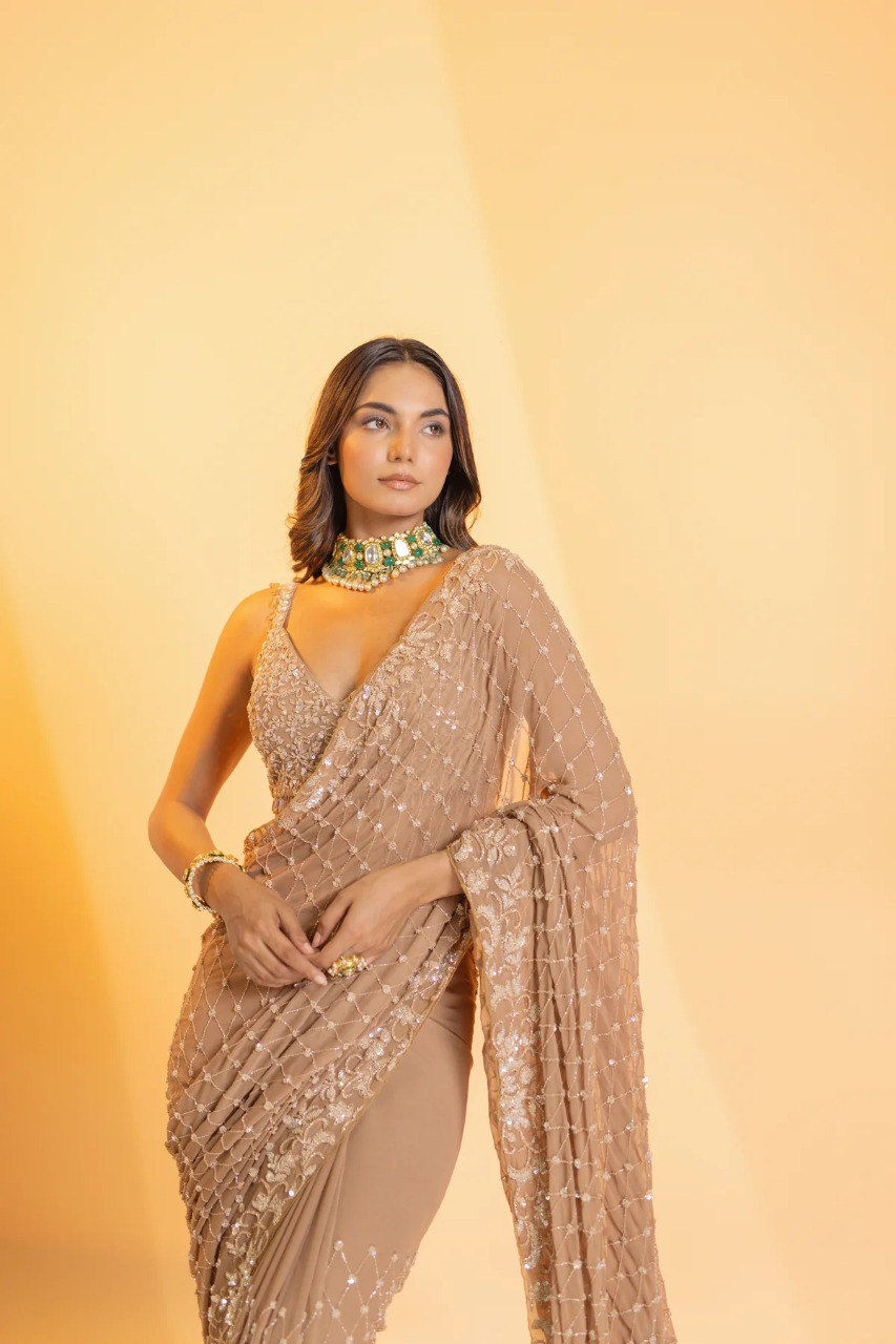 Thumbnail: Bollywood Wear Brown Color Sequence Work Saree