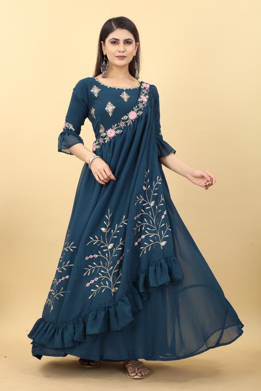 Teal Blue Colour Stylish Wearing Gown With Shrug Dupatta