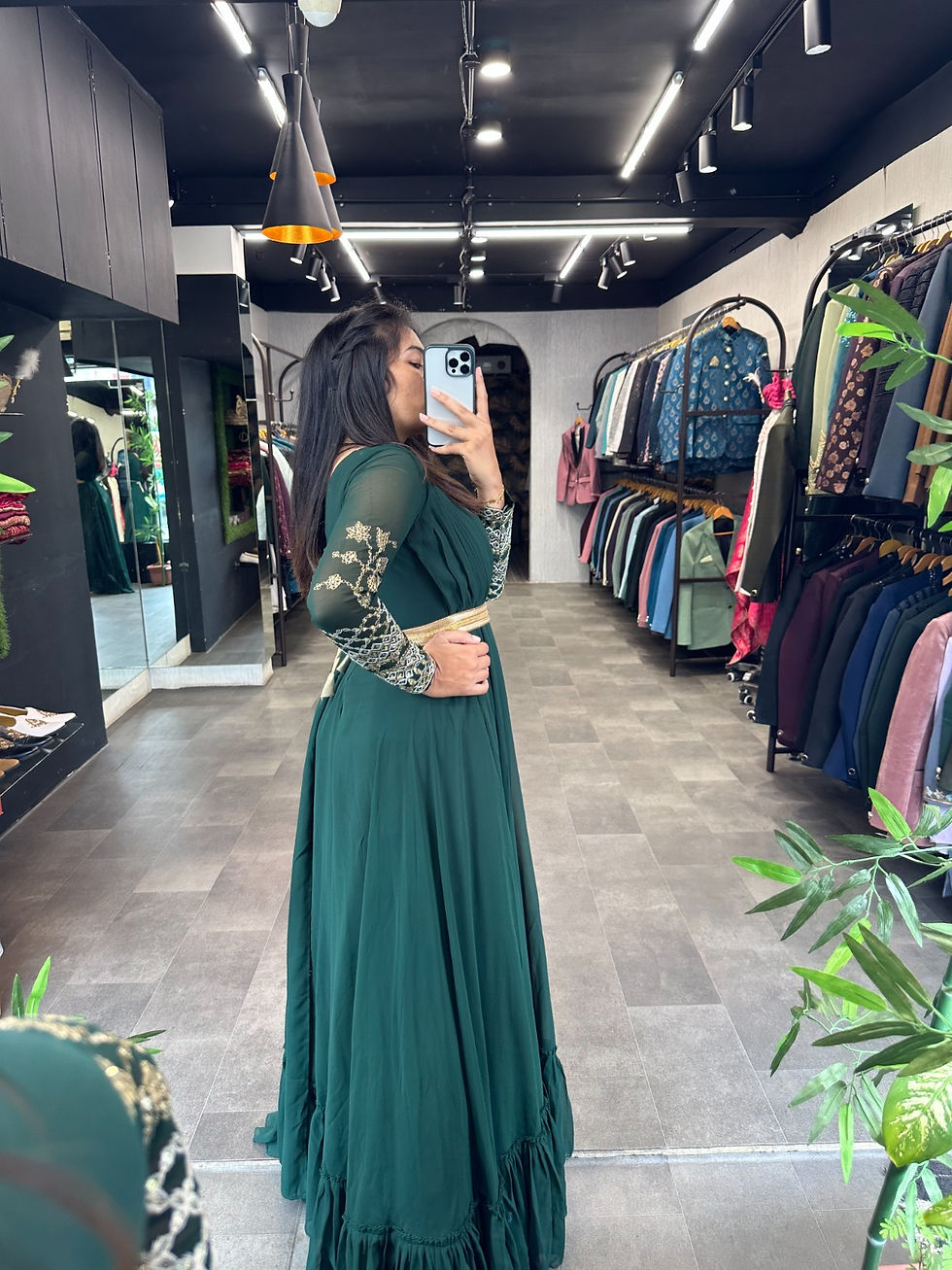 Thumbnail: Dark Green Zari Sequence Embroidery Work Party Special Frill Gown