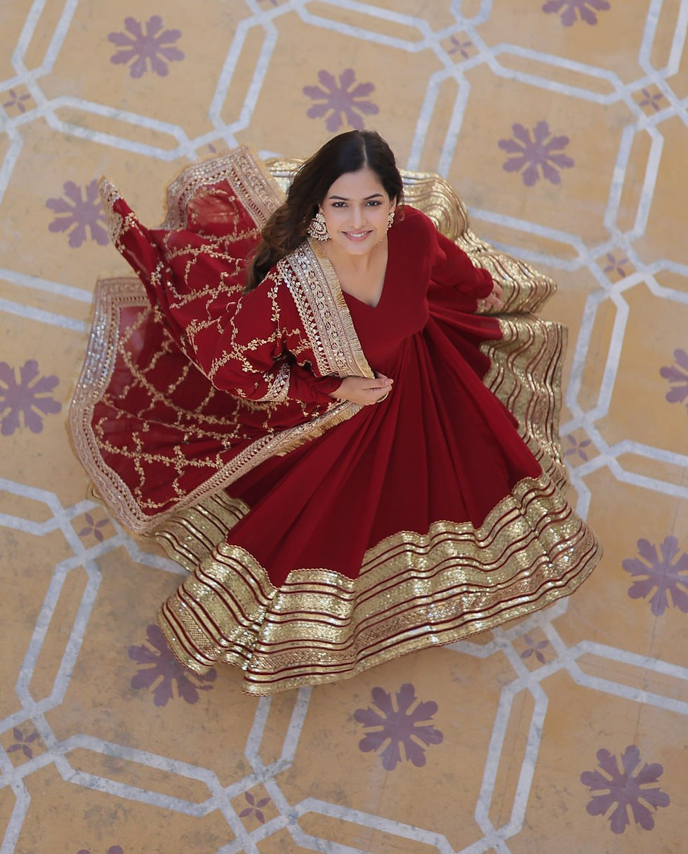 Thumbnail: Red Colour Gown WIth Dupatta in Embroidery Zari Sequience Work