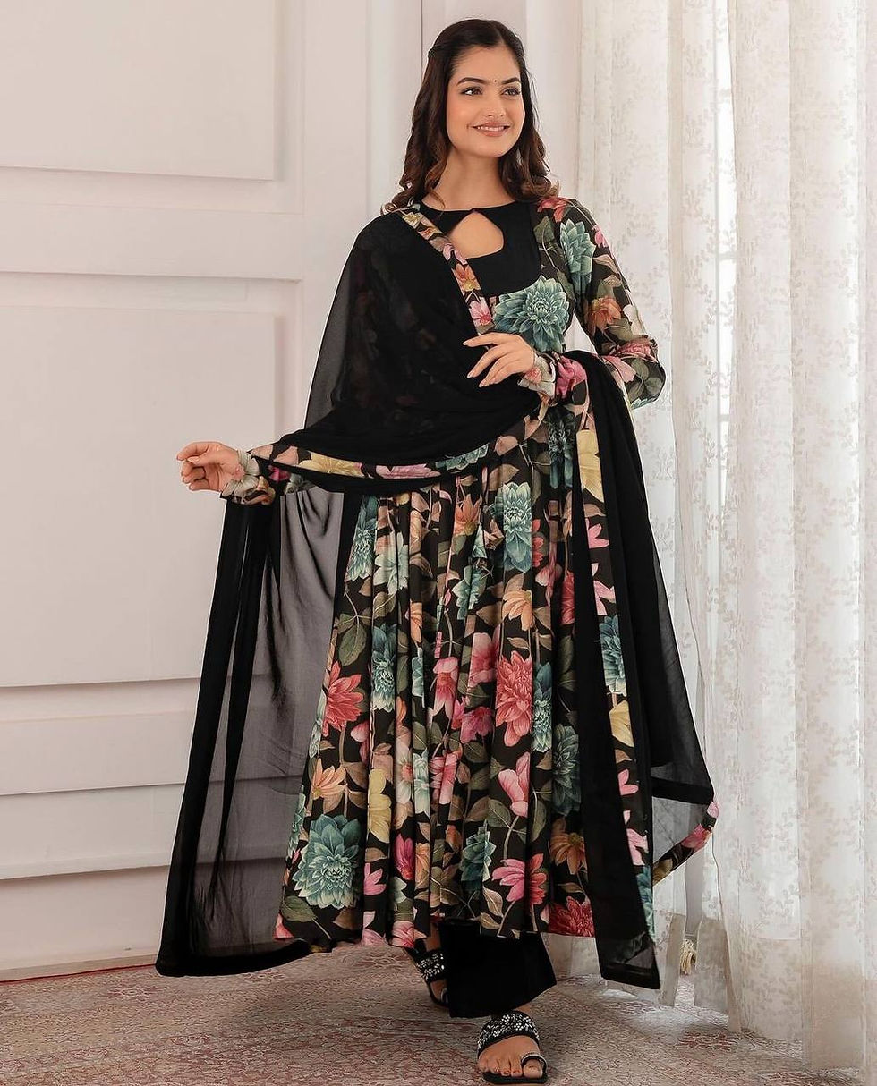 Black Colour Chent Crep Digital Printed Gown With dupatta
