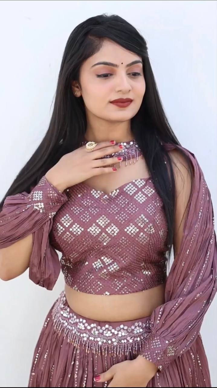 Thumbnail: Purple Colour Sequins Embroidered Party Wear Lehenga Choli