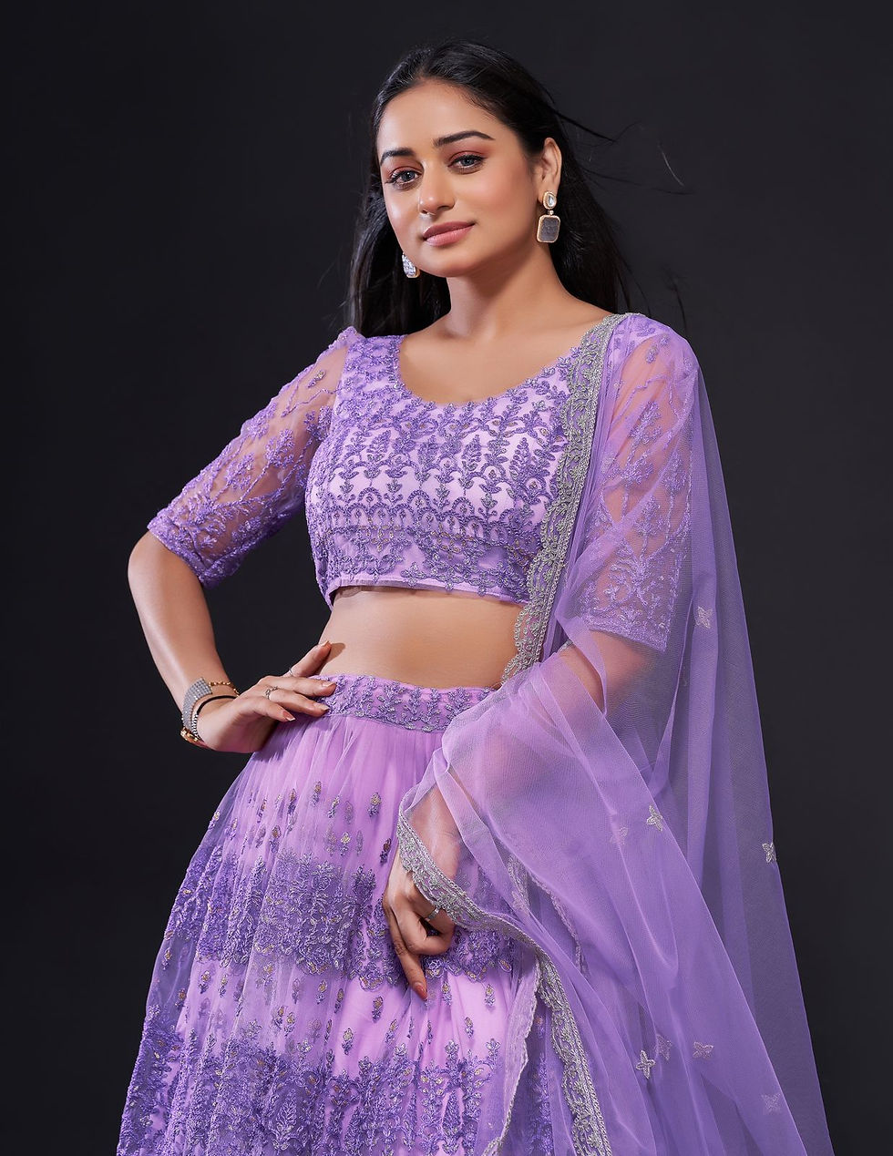 Thumbnail: Purple Colour Pearl Embroidered Net Designer Heavy Lehenga