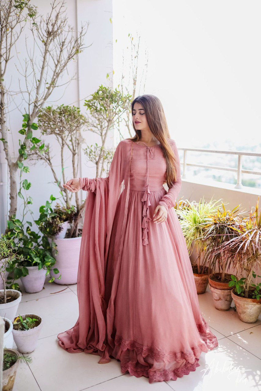 Thumbnail: Stylish Peach Colour Faux Georgette With Lace Work Anarkali Gown With Dupatta