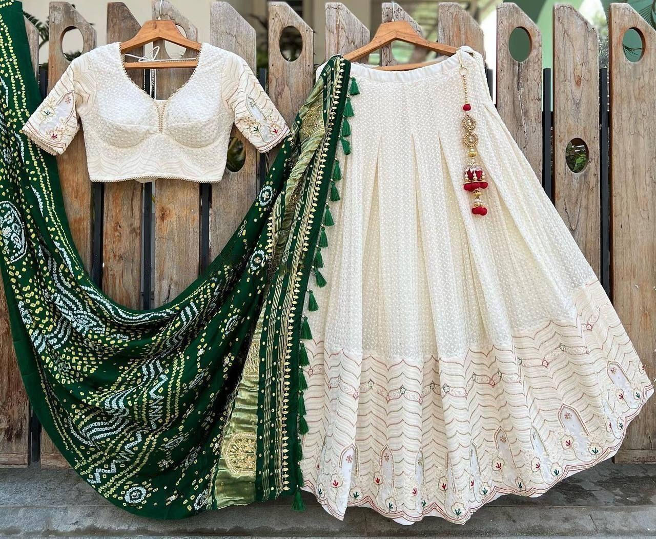 Classic White Georgette Heavy Sequence Cotton Thread Embroidery Work Lehenga