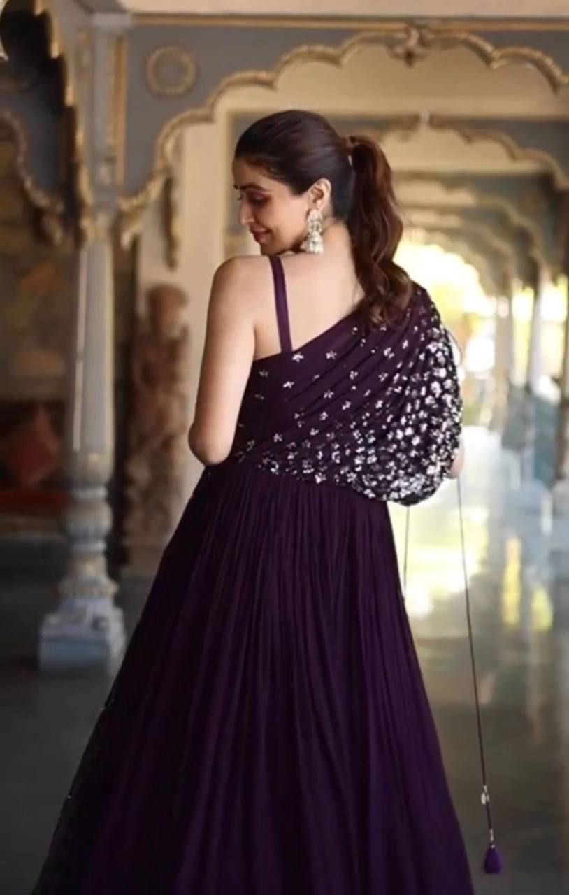 Thumbnail: Purple Colour Georgette Party Wear Gown
