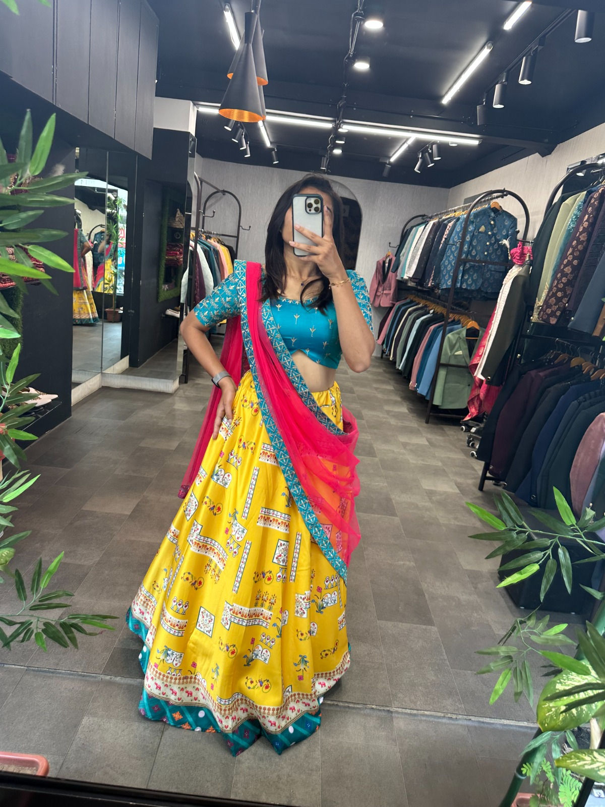 Yellow Digital Printed Contrast Lehenga Choli