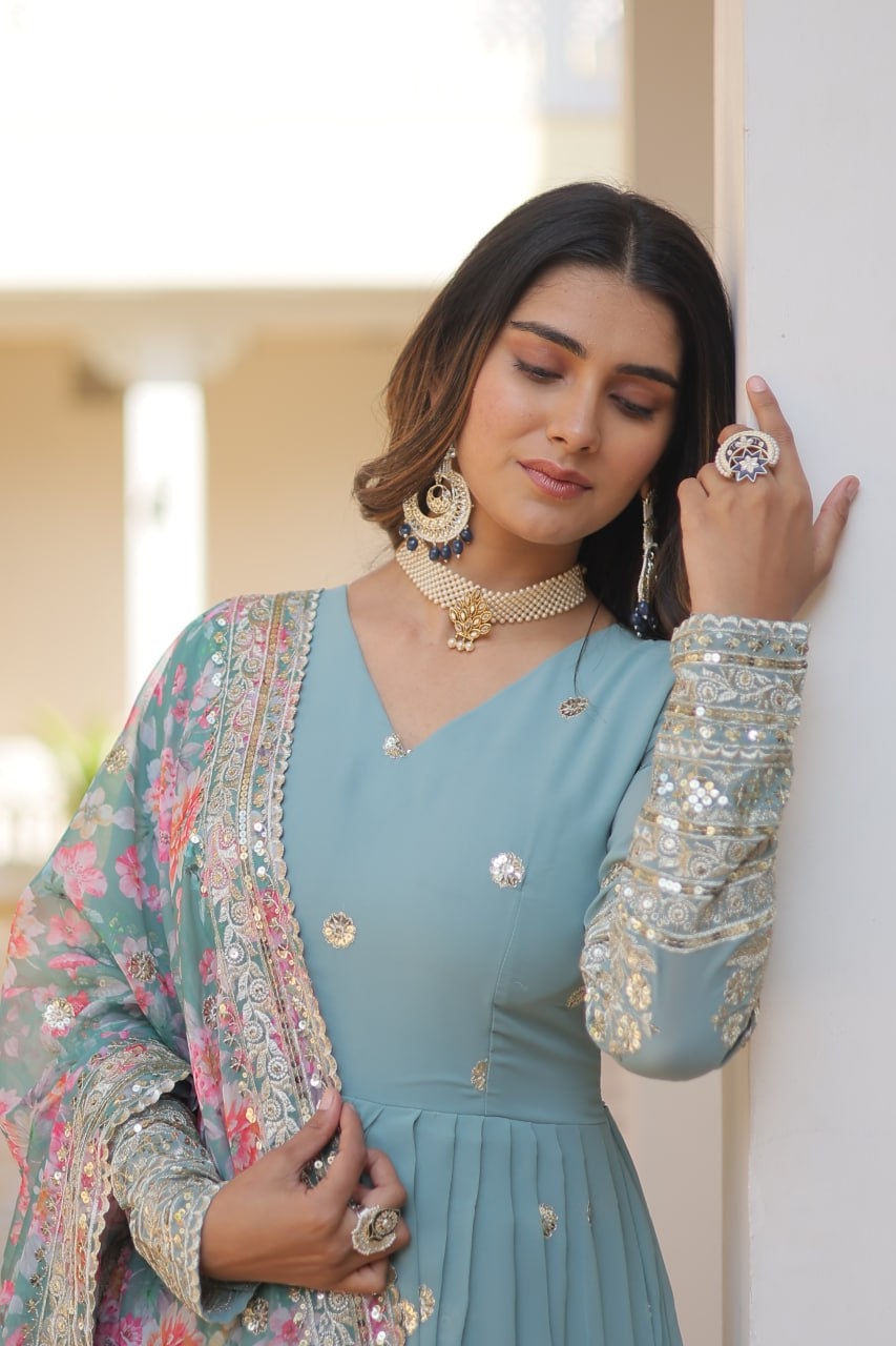 Thumbnail: Sky Blue Embroidery Work Gown With Multi Print Dupatta