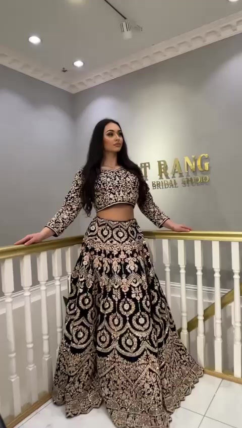 Thumbnail: Bridal Wear Letest Designer Black Colour Heavy Velvet Sequins Work Lehenga Set