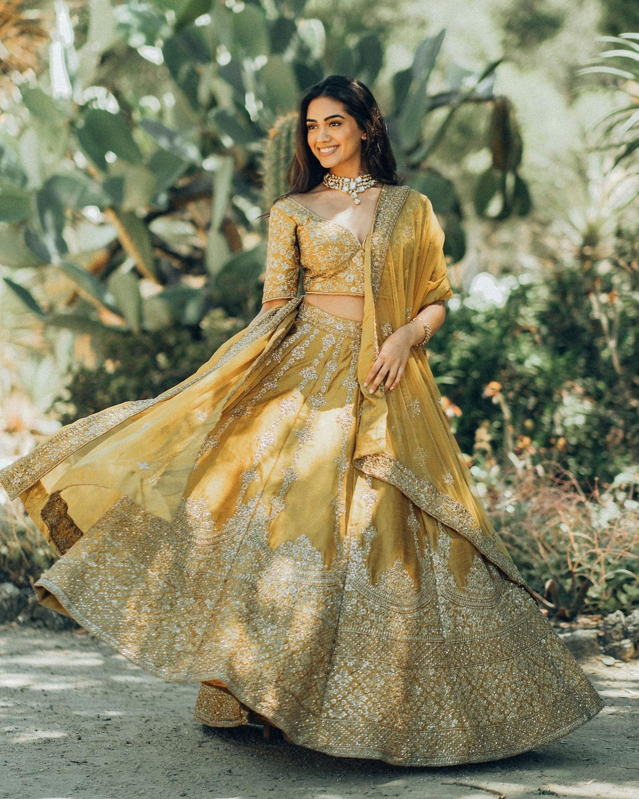 Ethnic Bridal Wear Yellow And Gold Colour Hand Embroidered Lehenga Set