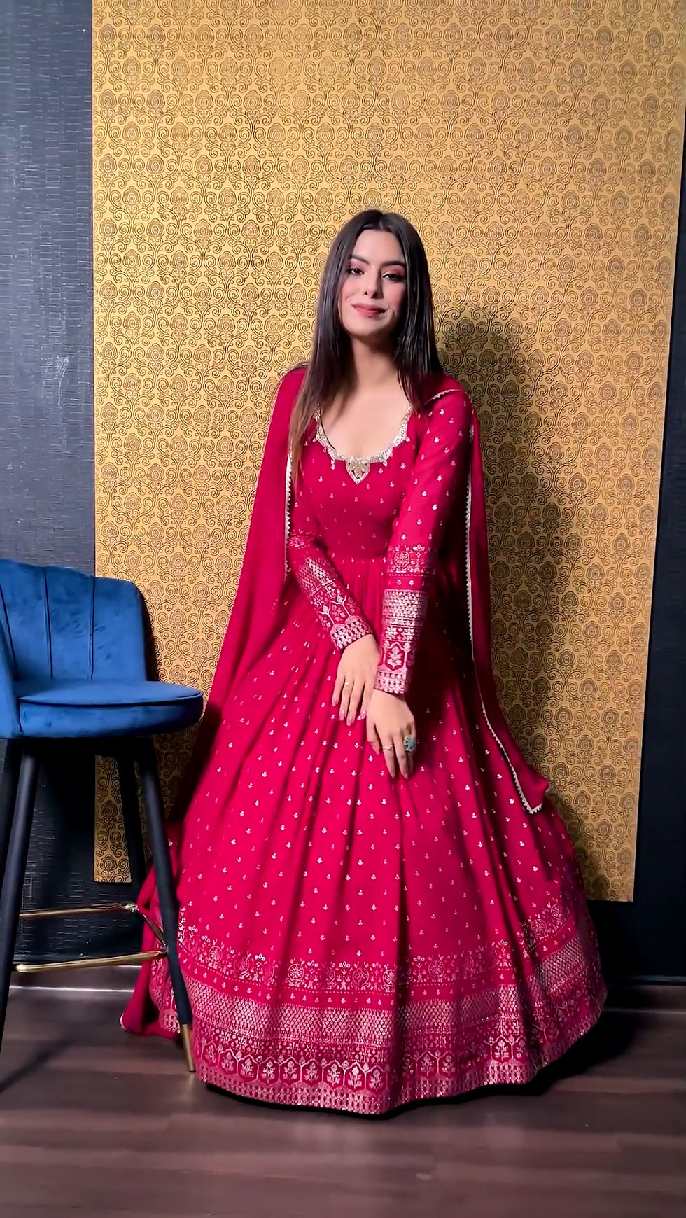 Rani Pink Colour Anarkali Long Gown with Metallic Foil Work Faux Georgette