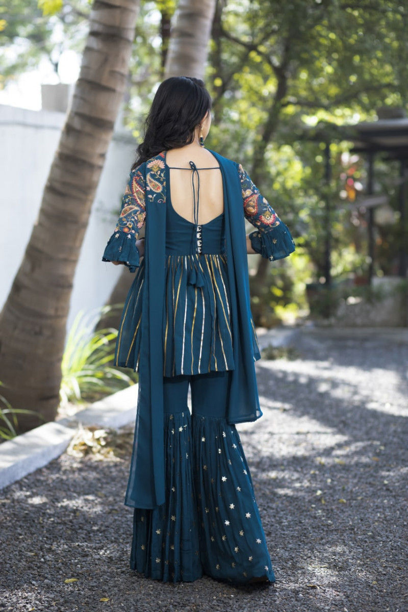 Thumbnail: Wedding Wear Letest Rama Color Embroidery Work Sharara Suit