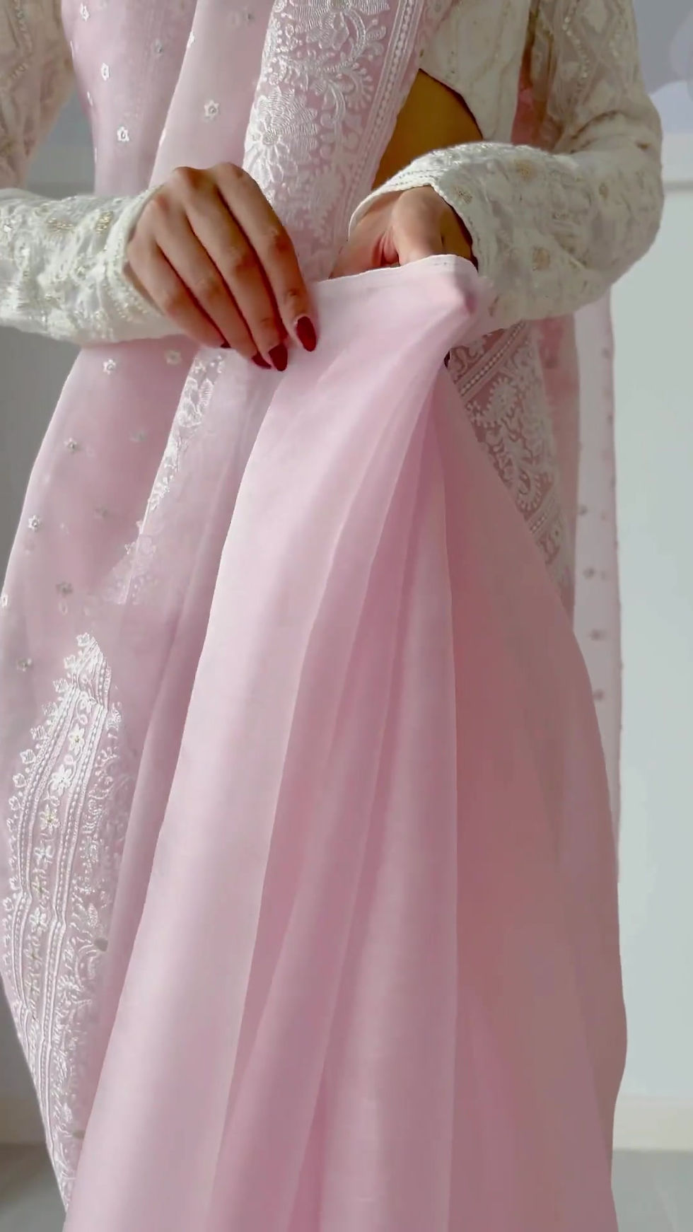 Thumbnail: Baby Pink Organza Silk Heavy Thread Embroidery Work Saree For Party Wear