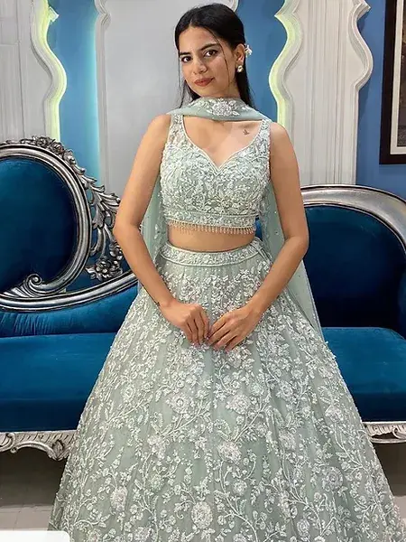 Thumbnail: Beautiful Pistacolor Heavy Embroidery Work With Stone Hand Work Lehenga With Top