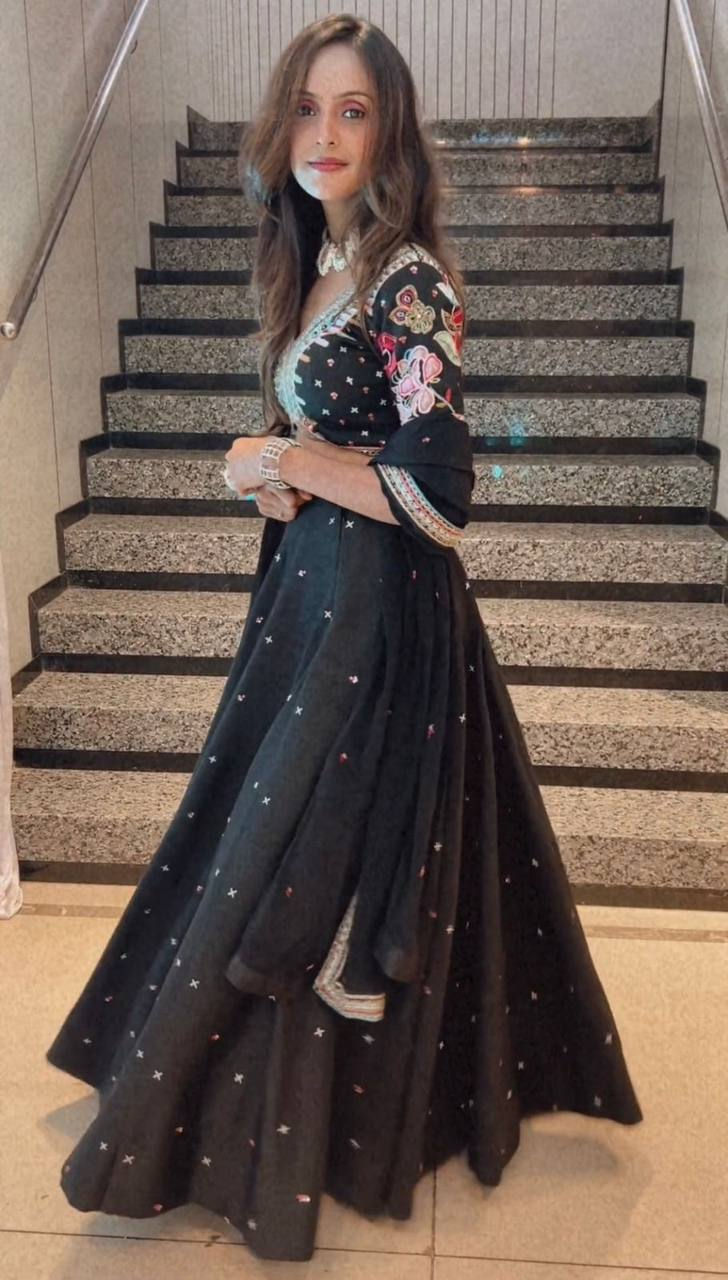 Thumbnail: Black Color Georgette Thread Embroidery Work Navratri Wear Lehenga Choli