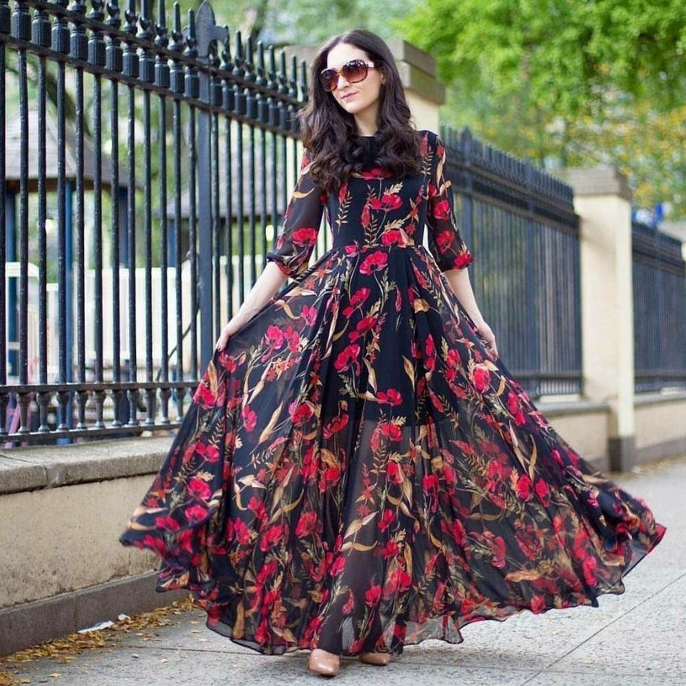 Black And Red Color Floral Printed Georgette Party Wear Gown