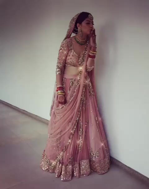 Thumbnail: Beautiful Designer Peach Colour Wedding Wear Heavy Georgette Lehenga