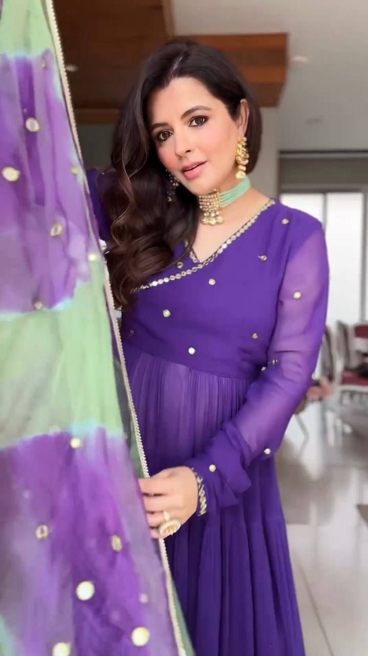 Thumbnail: Purple Colour Digital Print With Fancy Lace Anarkali Gown