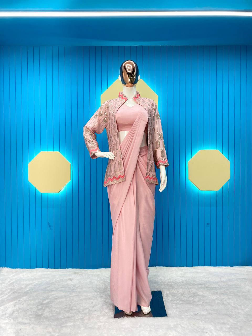 Thumbnail: Beautiful Pink Colour Ready To Wear Saree With Jacket
