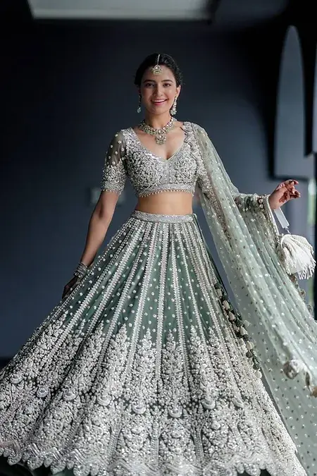 Stylish Pista Color Embroidery Work Wedding Wear Lehenga Choli
