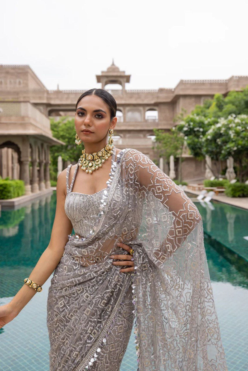 Thumbnail: Party Wear Silver Color Hand Embroidered Sarees With Blouse
