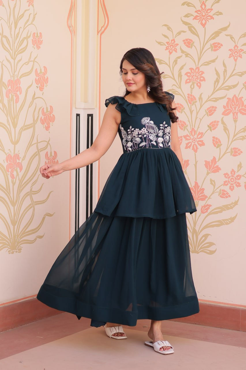 Thumbnail: Awesome Rama Colour Blooming With Embroidery Work Gown