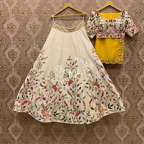 Embroidery Work Lehenga Choli White Colour Malay Satin