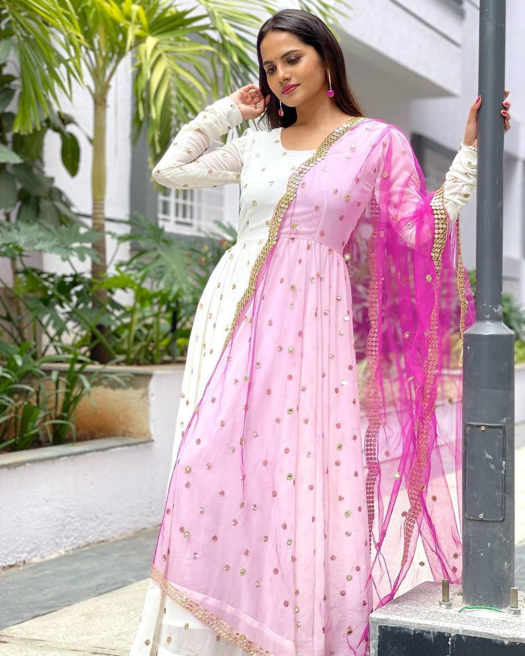 White Colour Sequence Work Georgette Indian Wear Anarkali Gown