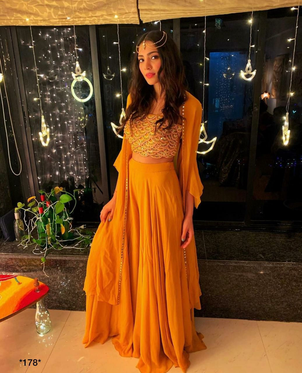 Mustared Yellow Colour Georgette Embroidered Party Wear Palazzo Suit With Shrug