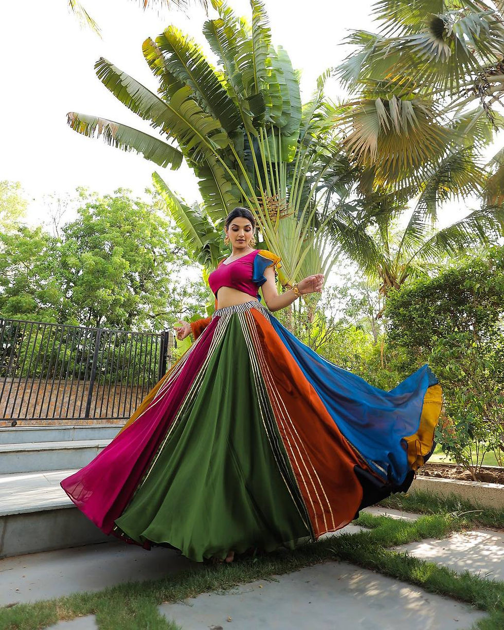 Thumbnail: Beautiful Multi Colour Pure Chinon Umbrella Flair Lehenga Choli