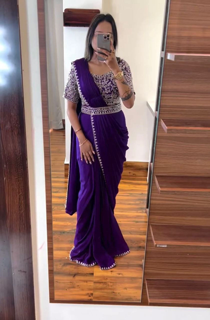 Pretty Purple Colour Heavy Embroidery Work Party Wear Saree
