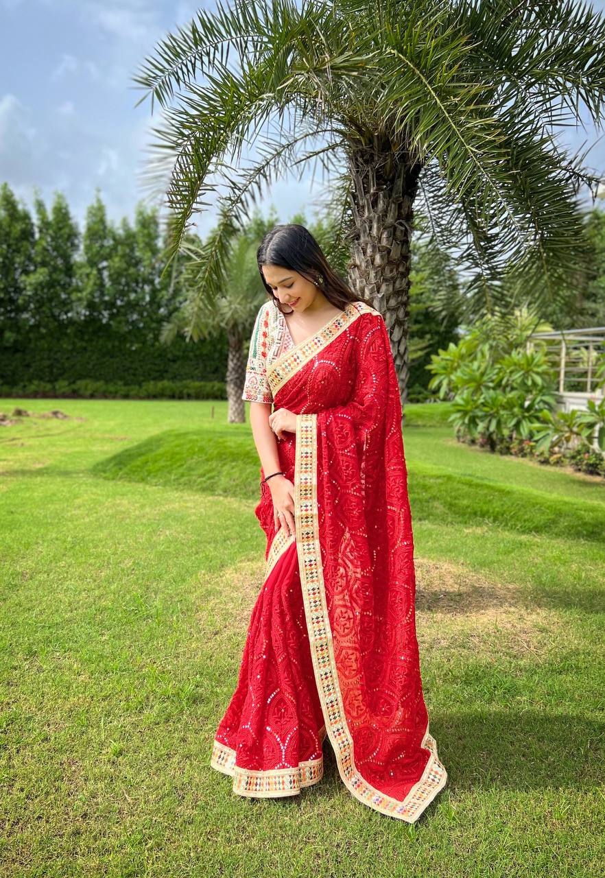 Thumbnail: Red Colour Chinakari Work Faux Georgette Saree