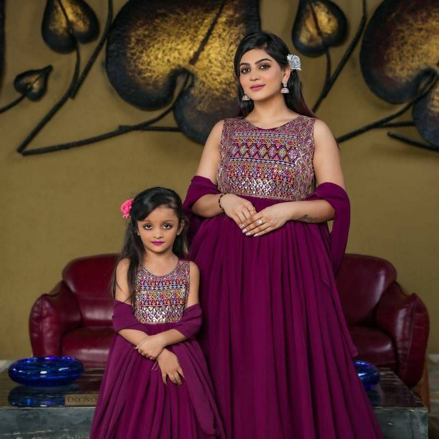 Beautiful Wine Colour Embroidery Work Mother And Daughter Party Wear Combo Gown