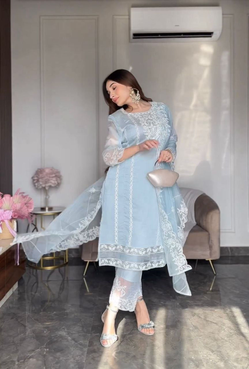 Thumbnail: Sky Blue Colour Orgenza silk Embroidery Work Party Wear Salwar Suit