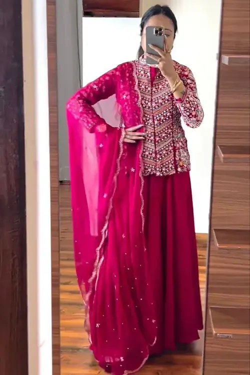Mauve Pink Color Heavy Ruffle Georgette Crop Top With Lehenga