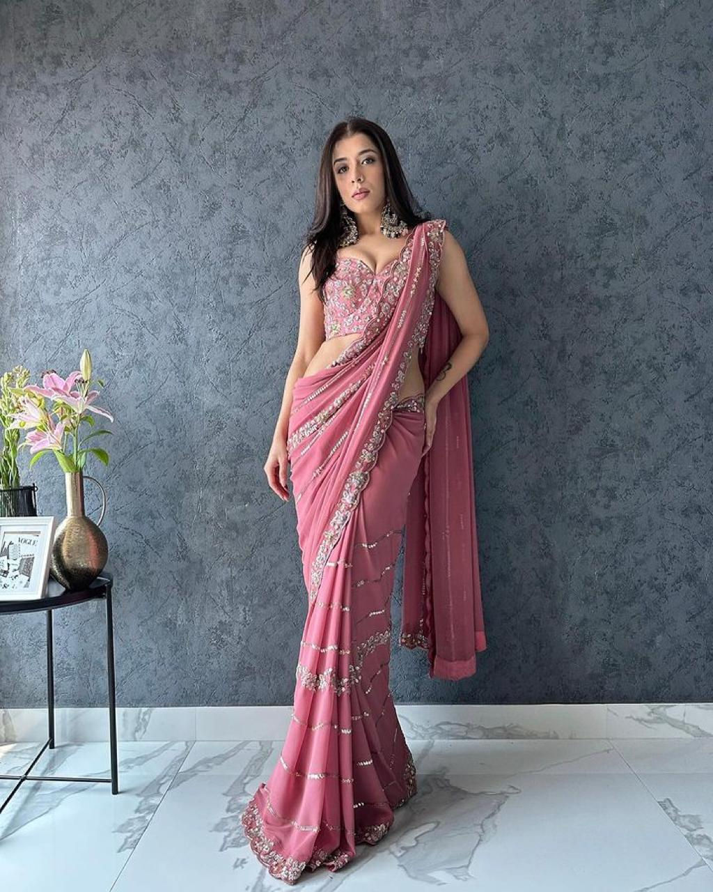 Elegant Pink Colour Soft Georgette Sequence Work Saree