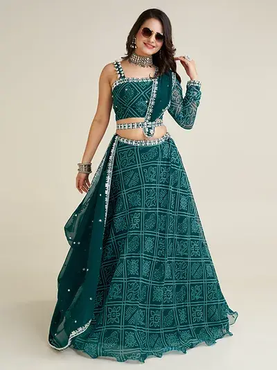 Green Satin Three Layered Latest Lehenga Designs Online Shopping