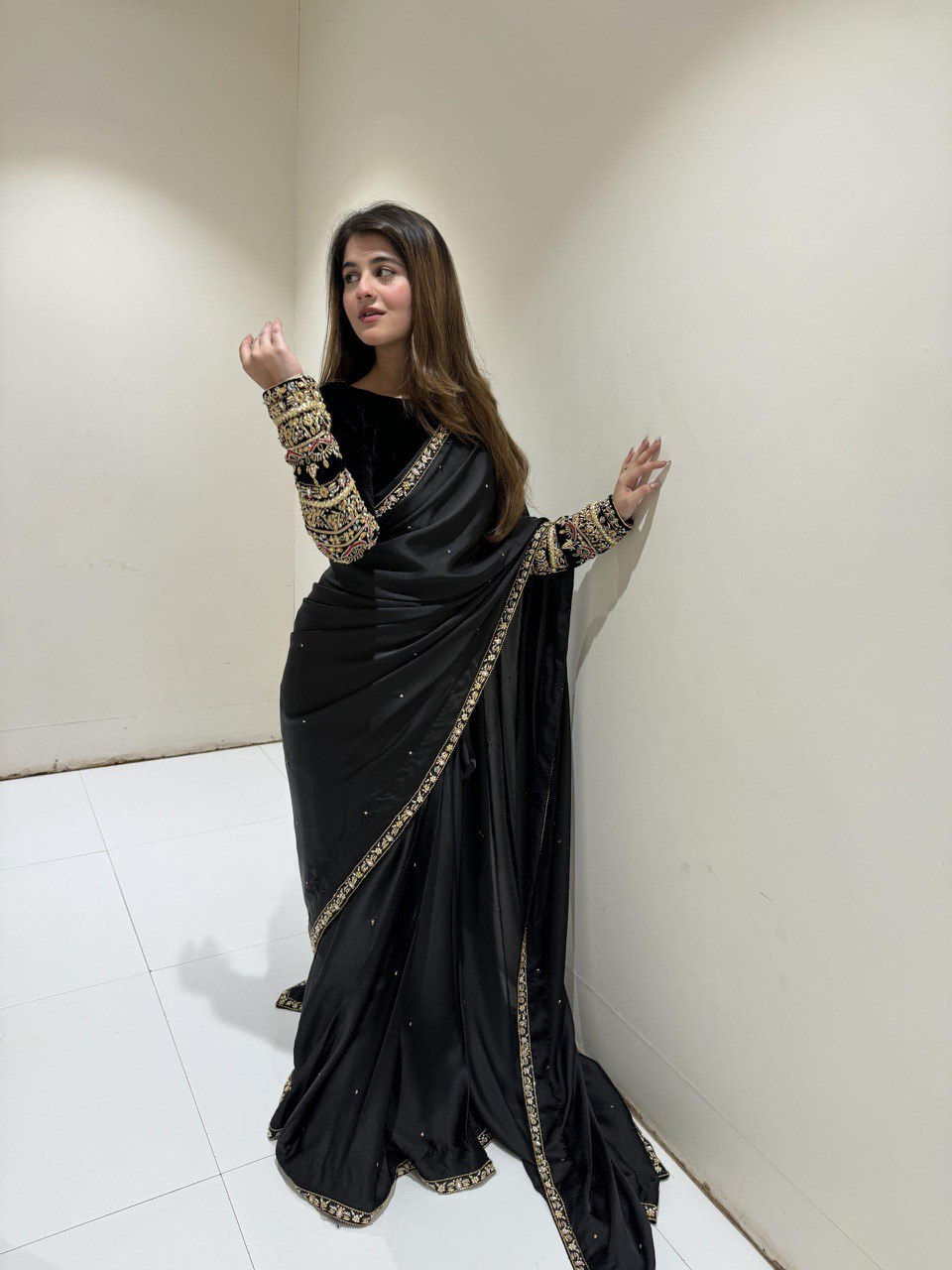 Thumbnail: Ready Wear Black Color Moti Work With Viscos Velvet Saree