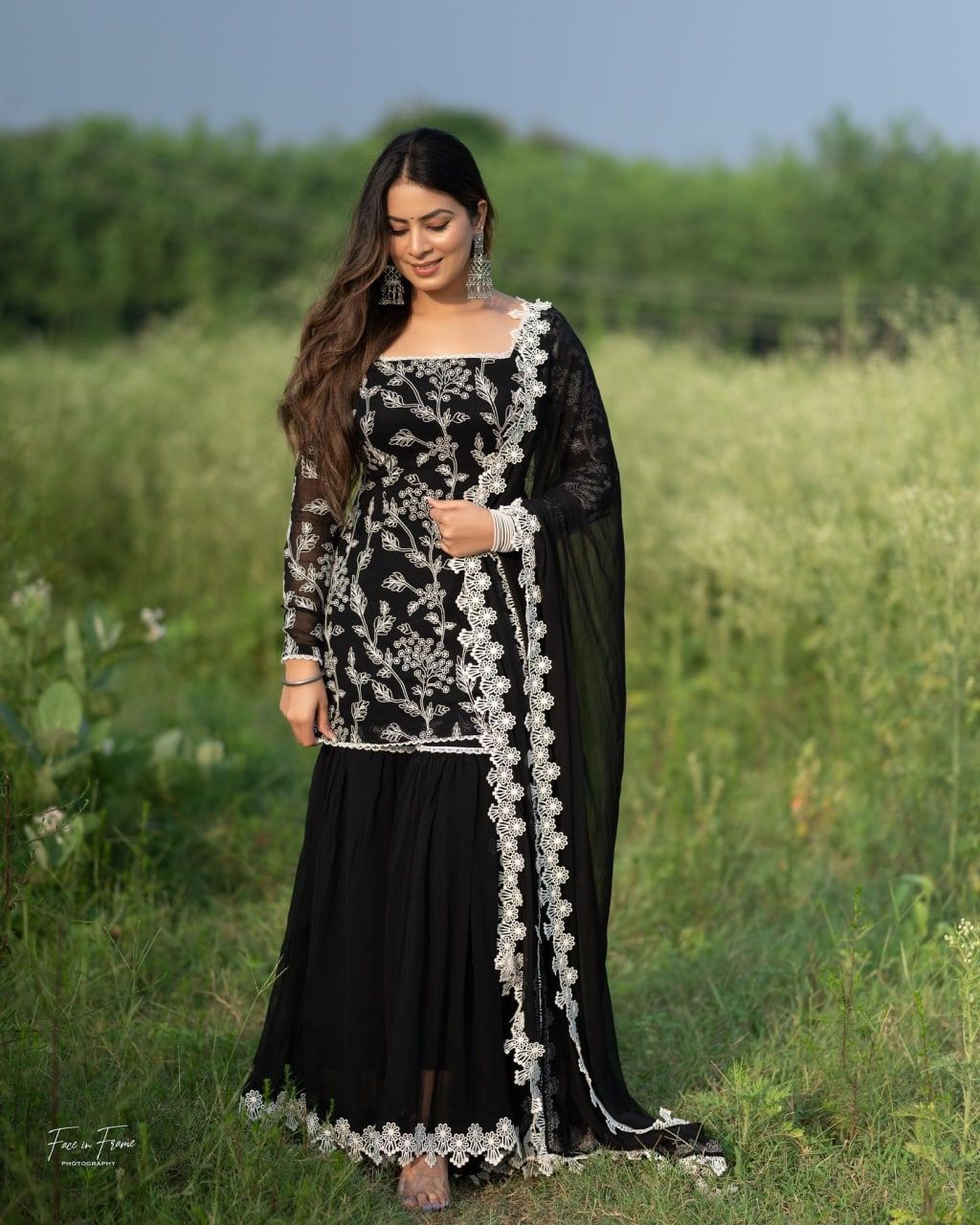 Stylish Designer Black Embroidery Work Sharara Suit