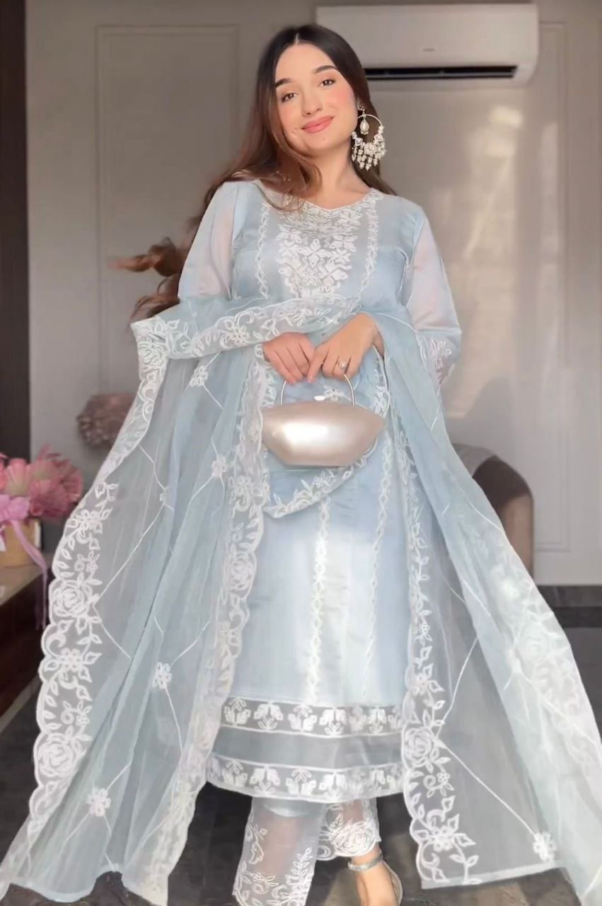 Thumbnail: Sky Blue Colour Orgenza silk Embroidery Work Party Wear Salwar Suit