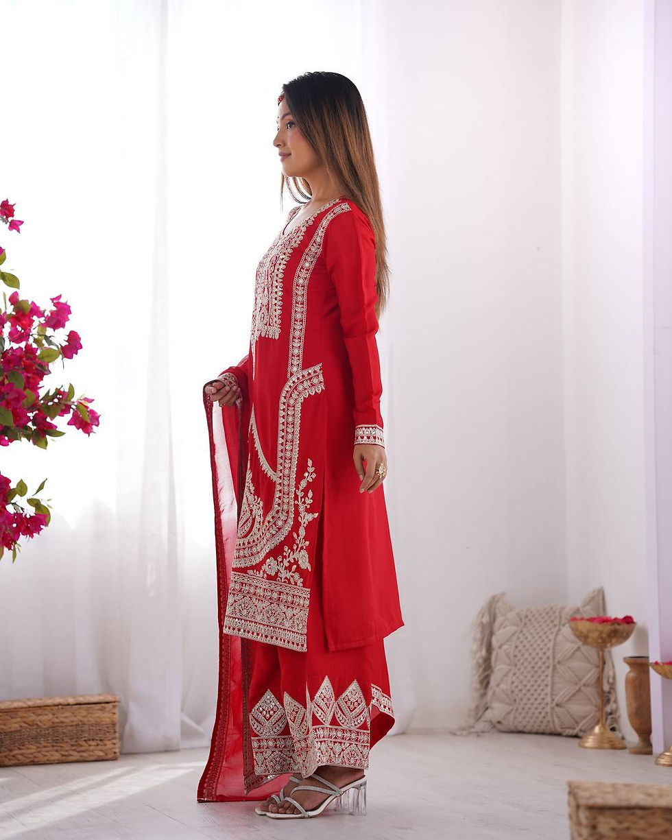 Thumbnail: Designer Red Colour Embroidered Kurta With Dupatta Set