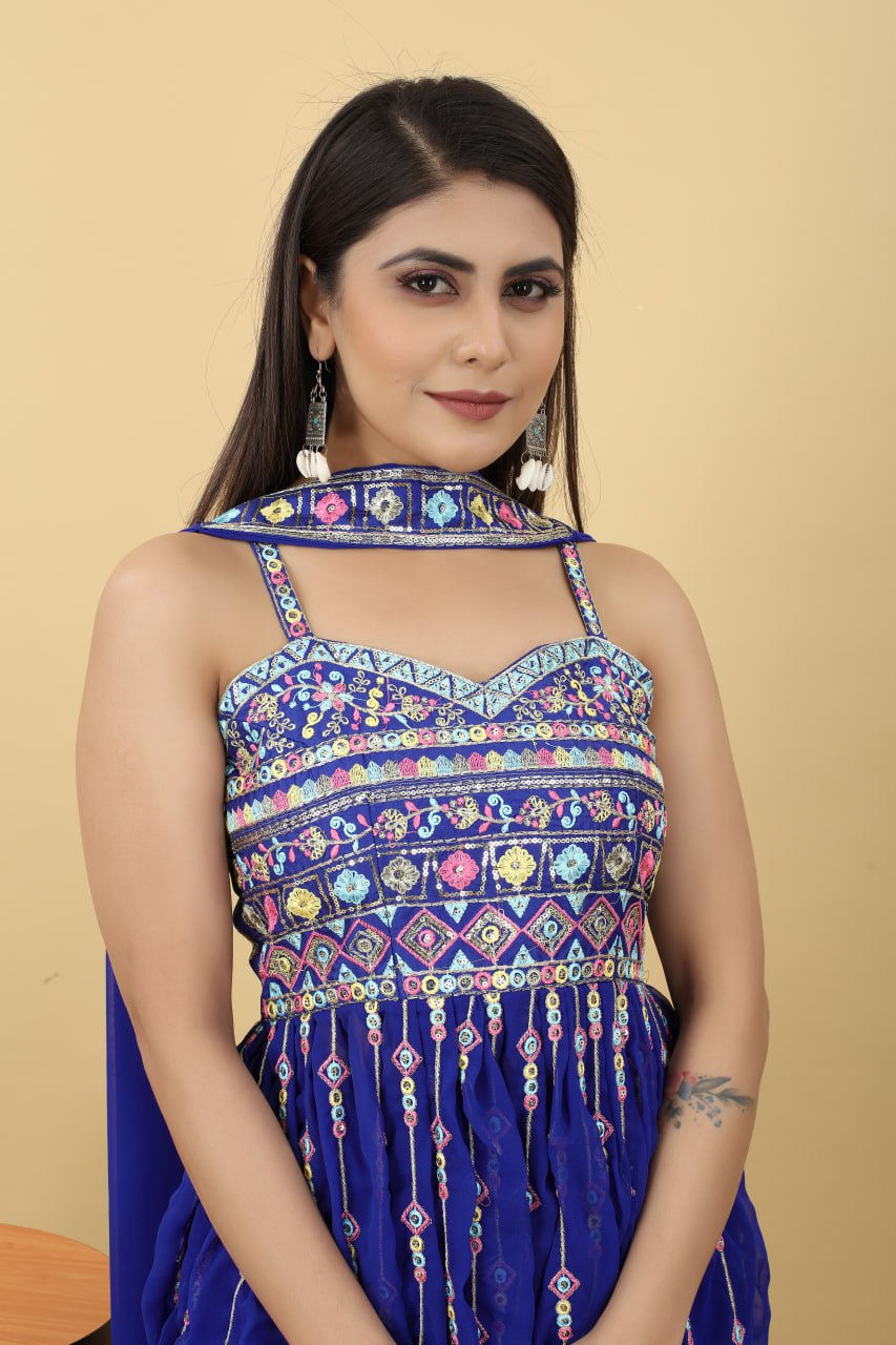 Thumbnail: Excellent Blue Colour Thread Sequence Party Wear Sharara Suit