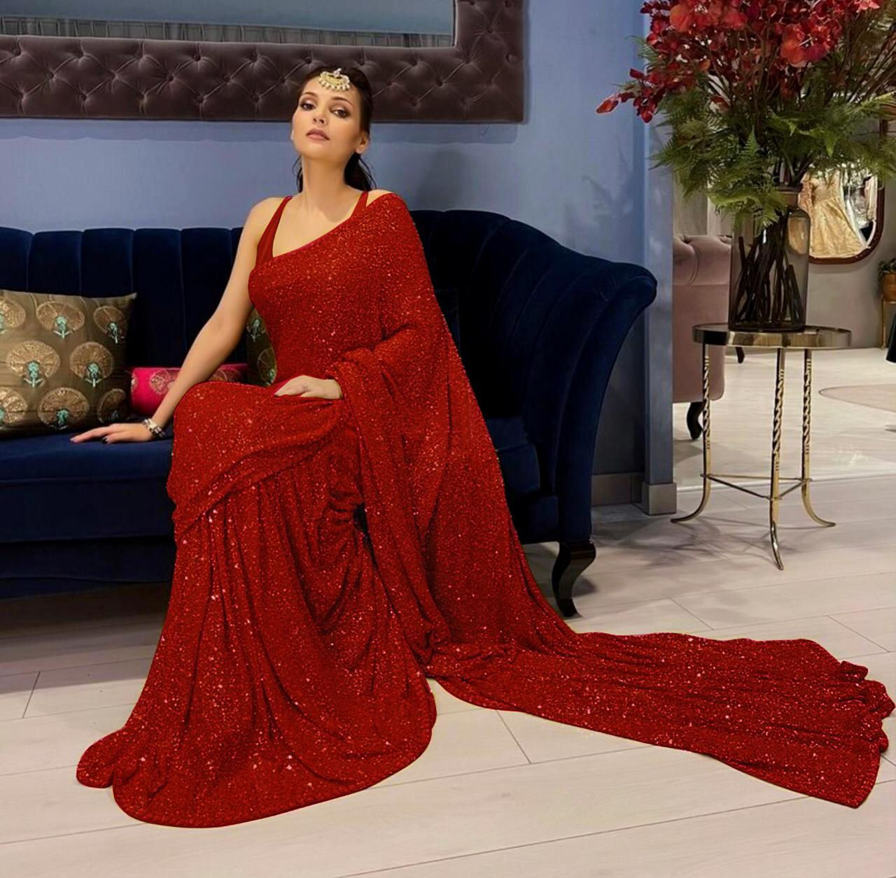 Beautiful party wear sequnce work red color saree with blouse