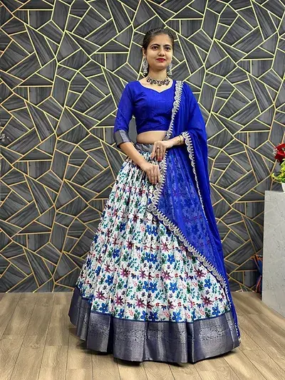Beautifull Dark Navy Blue Malai Silk Digital Printed Lehenga Choli